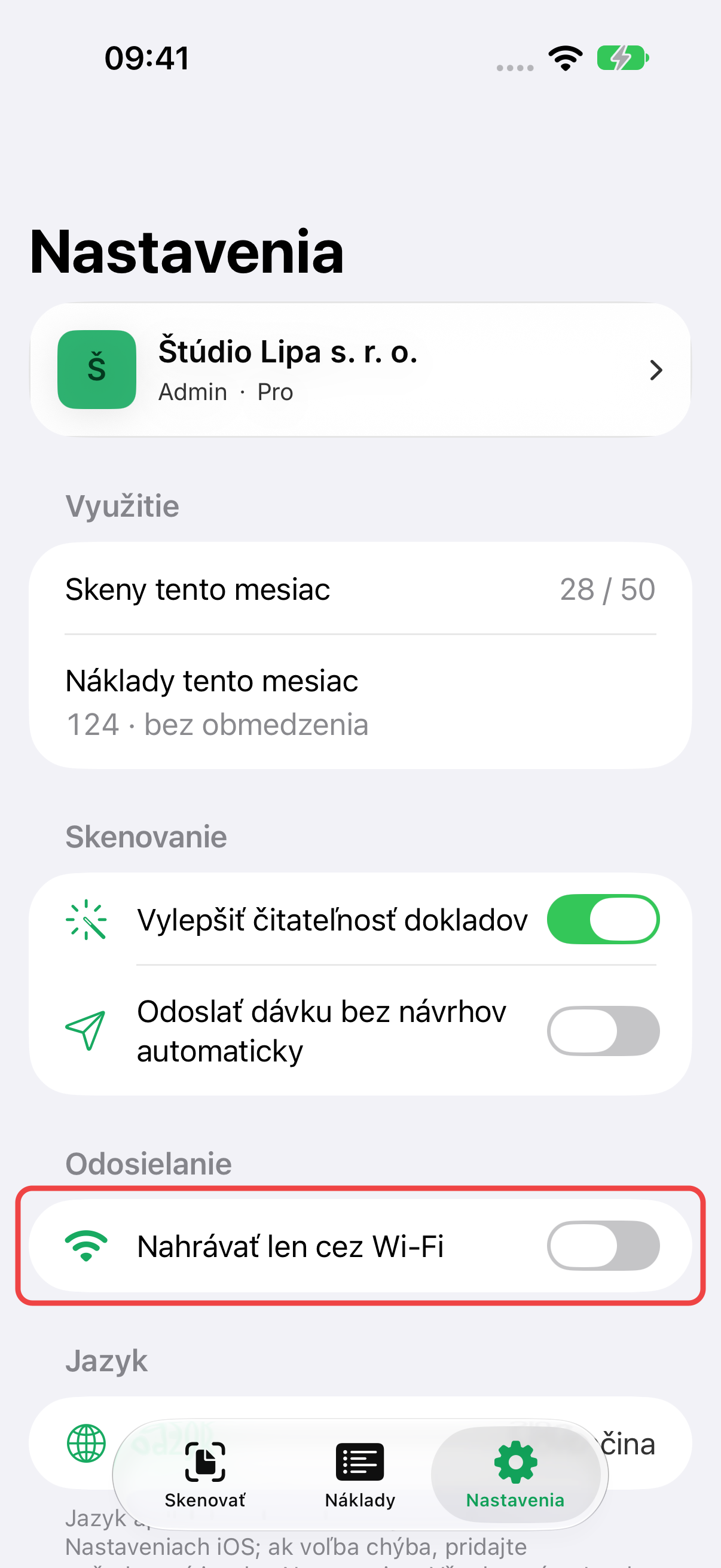 Nastavenia skenovania, automatického odosielania a Wi-Fi