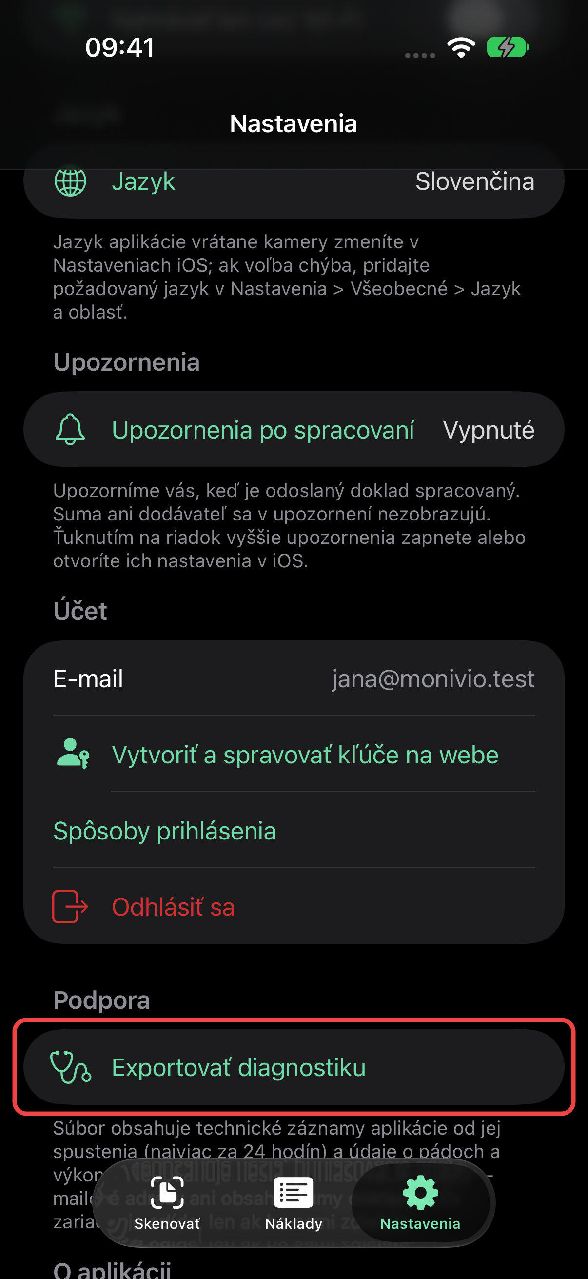 Podpora, diagnostika a informácie o appke v nastaveniach