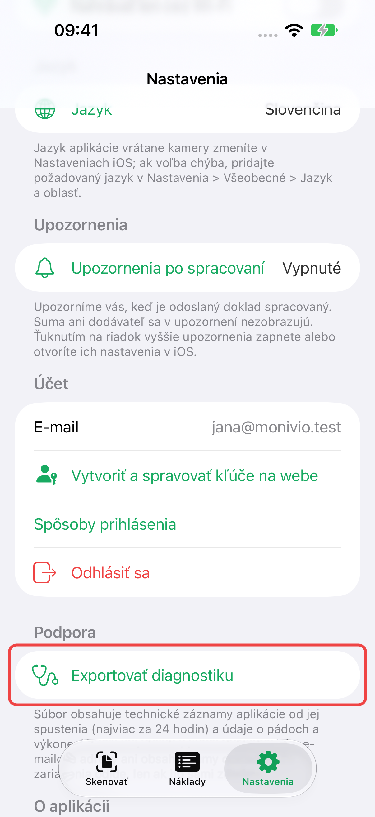 Podpora, diagnostika a informácie o appke v nastaveniach