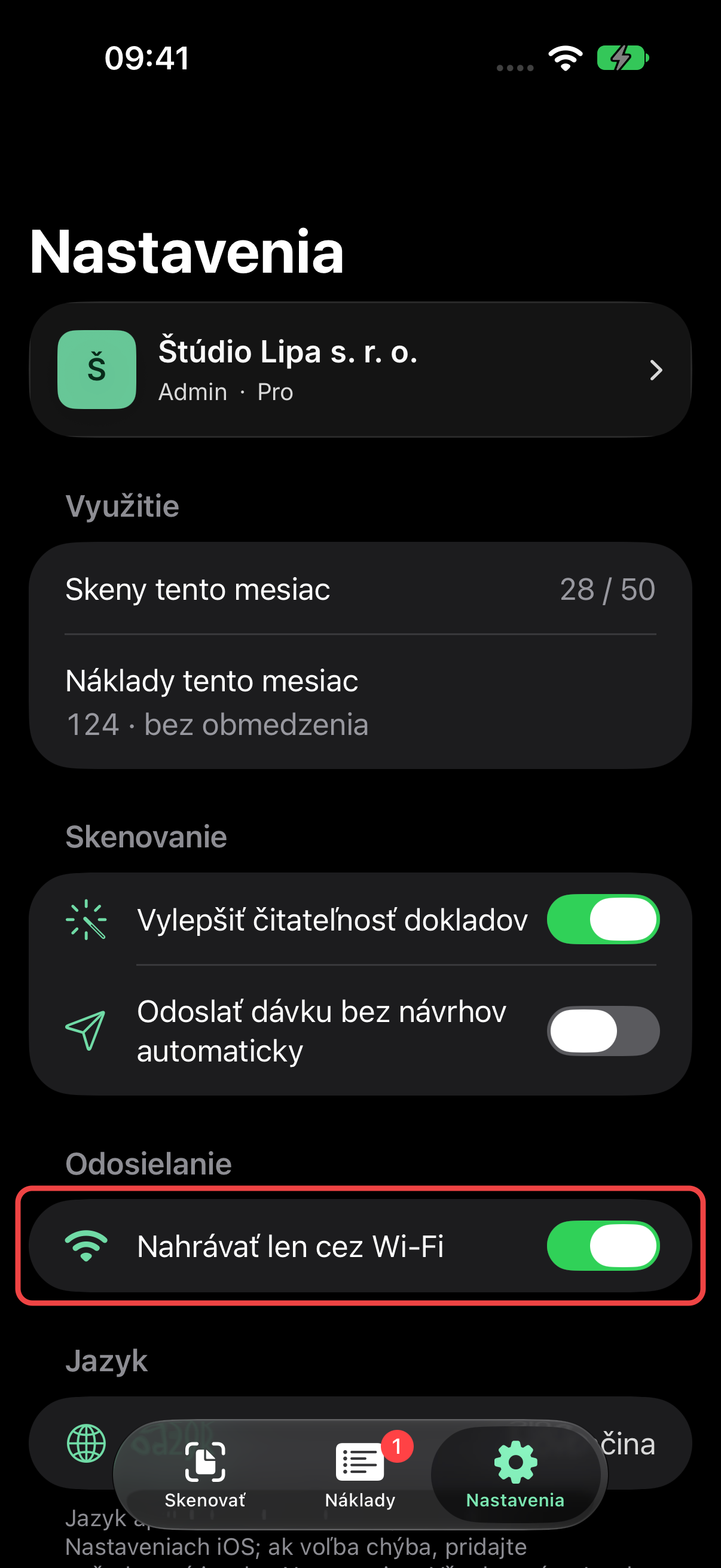 Zapnuté nastavenie Nahrávať len cez Wi-Fi
