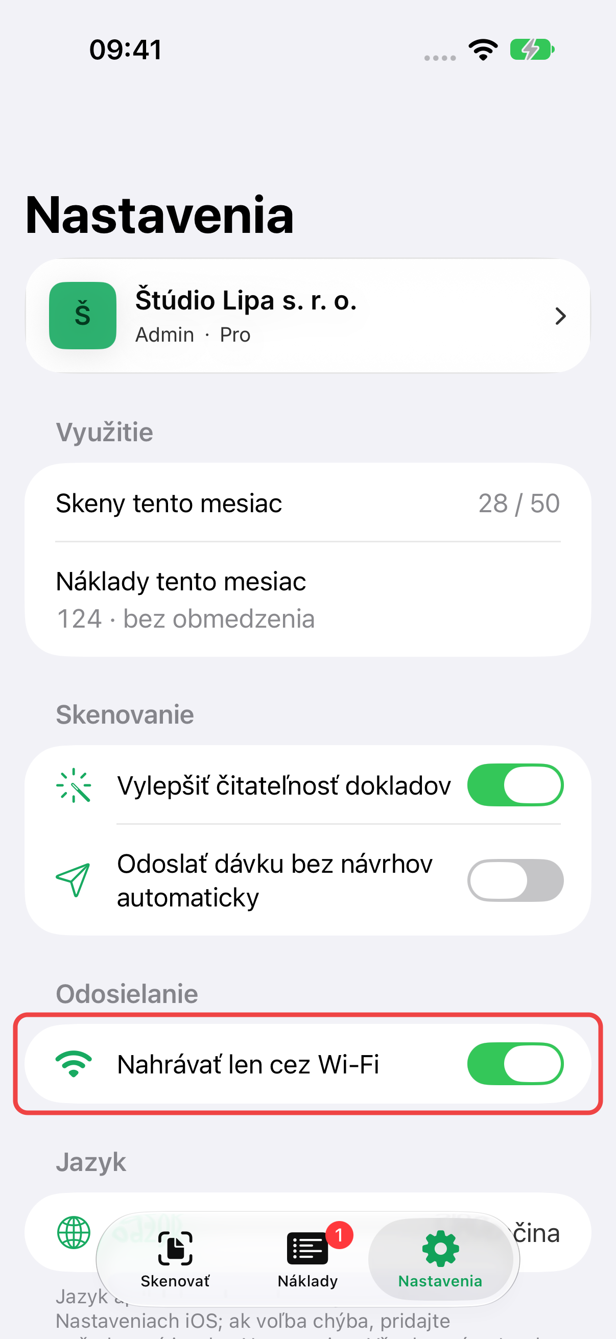 Zapnuté nastavenie Nahrávať len cez Wi-Fi