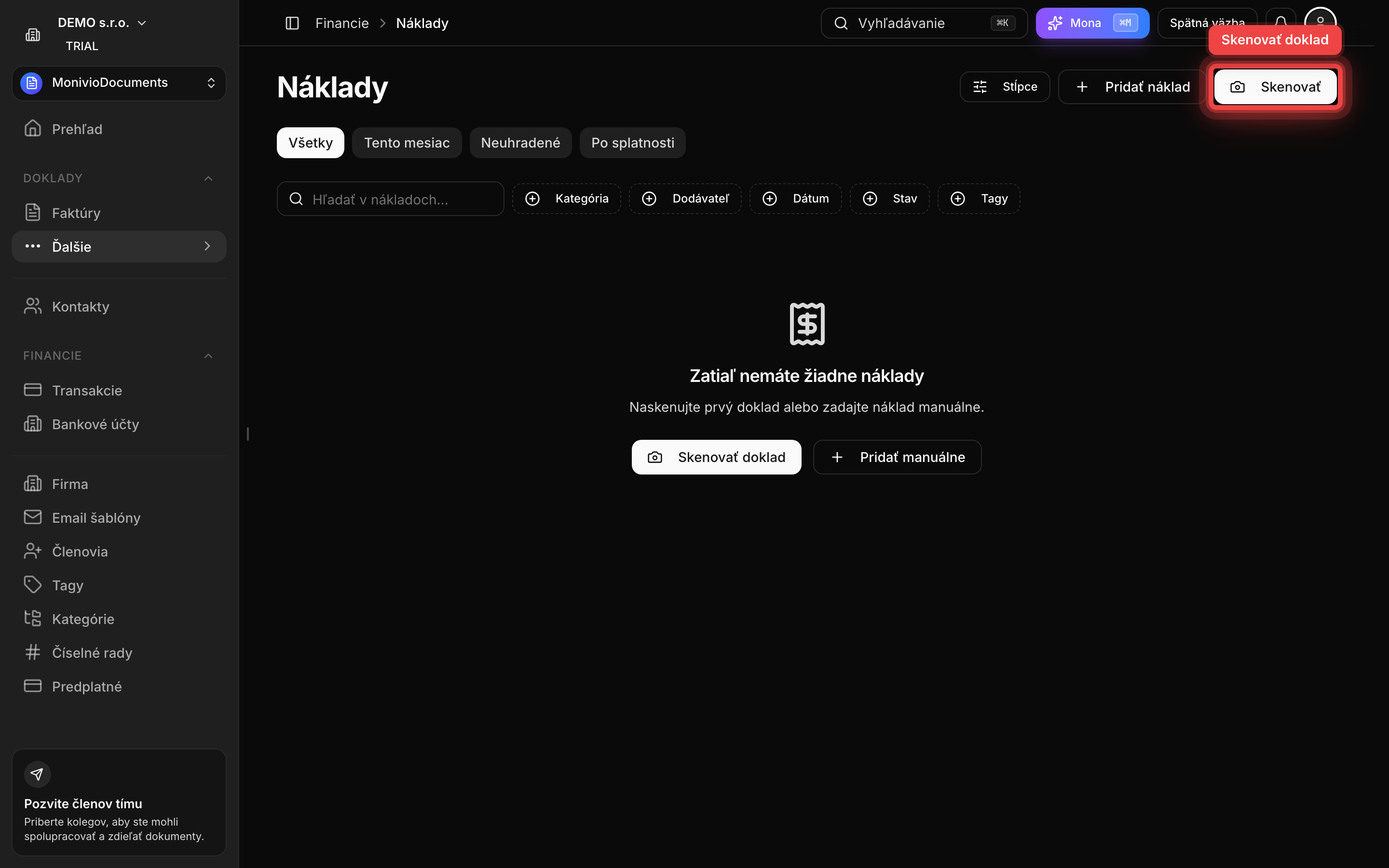 Zoznam nákladov so zvýrazneným tlačidlom Skenovať vpravo hore