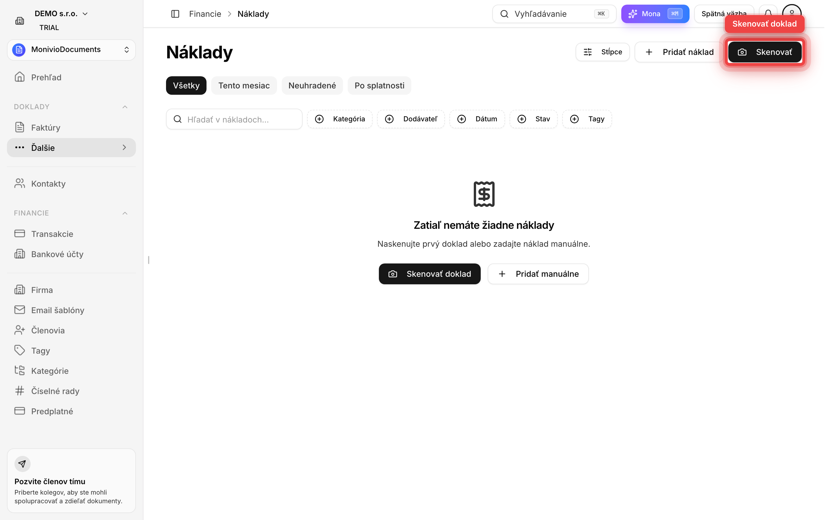 Zoznam nákladov so zvýrazneným tlačidlom Skenovať vpravo hore