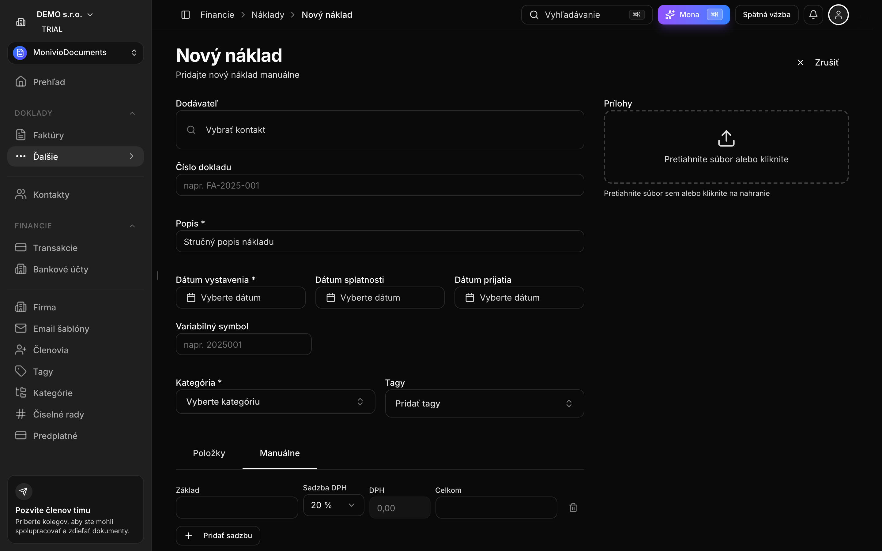 Formulár nákladu — split-screen s formulárovými poliami a náhľadom dokladu