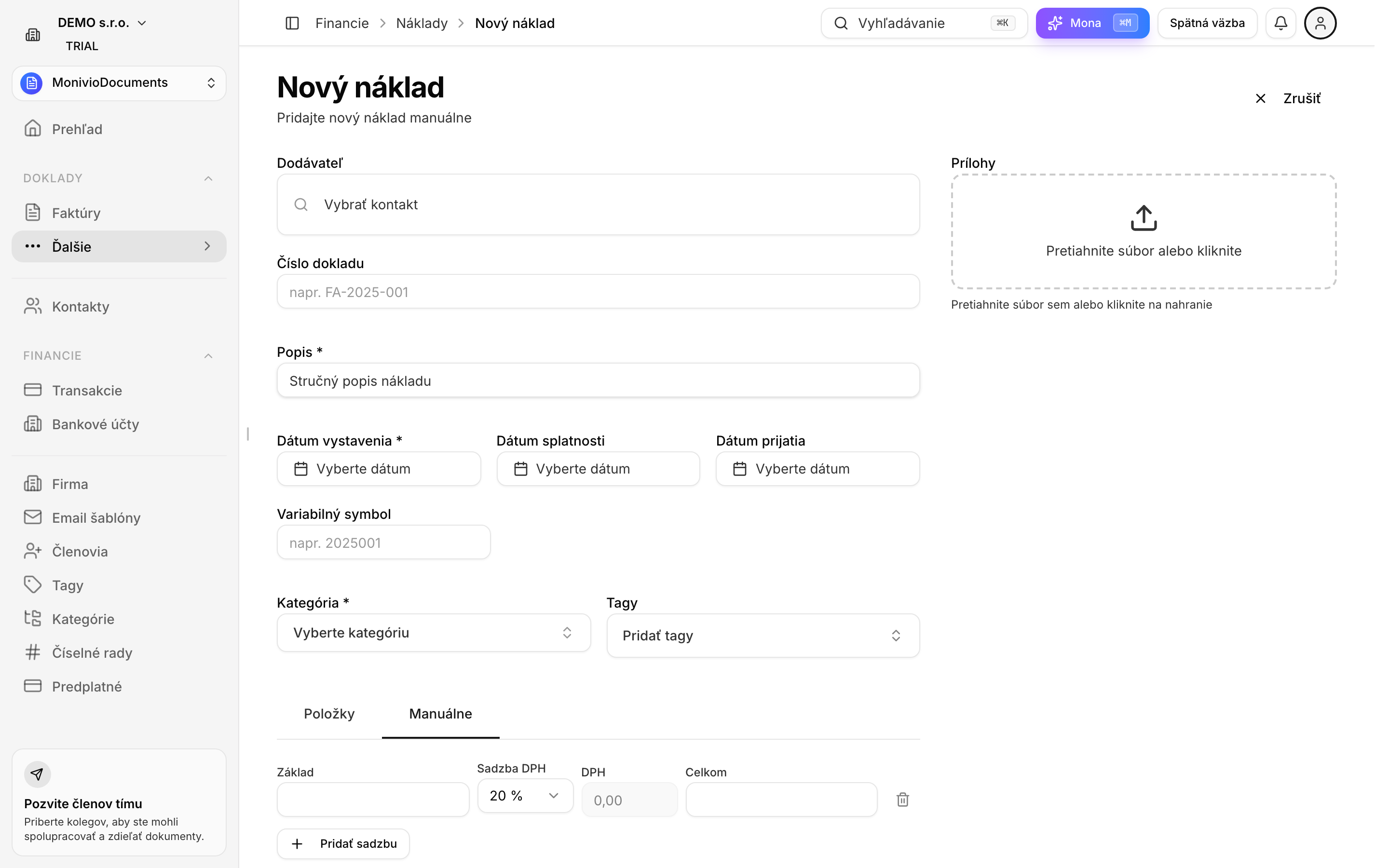 Formulár nákladu — split-screen s formulárovými poliami a náhľadom dokladu