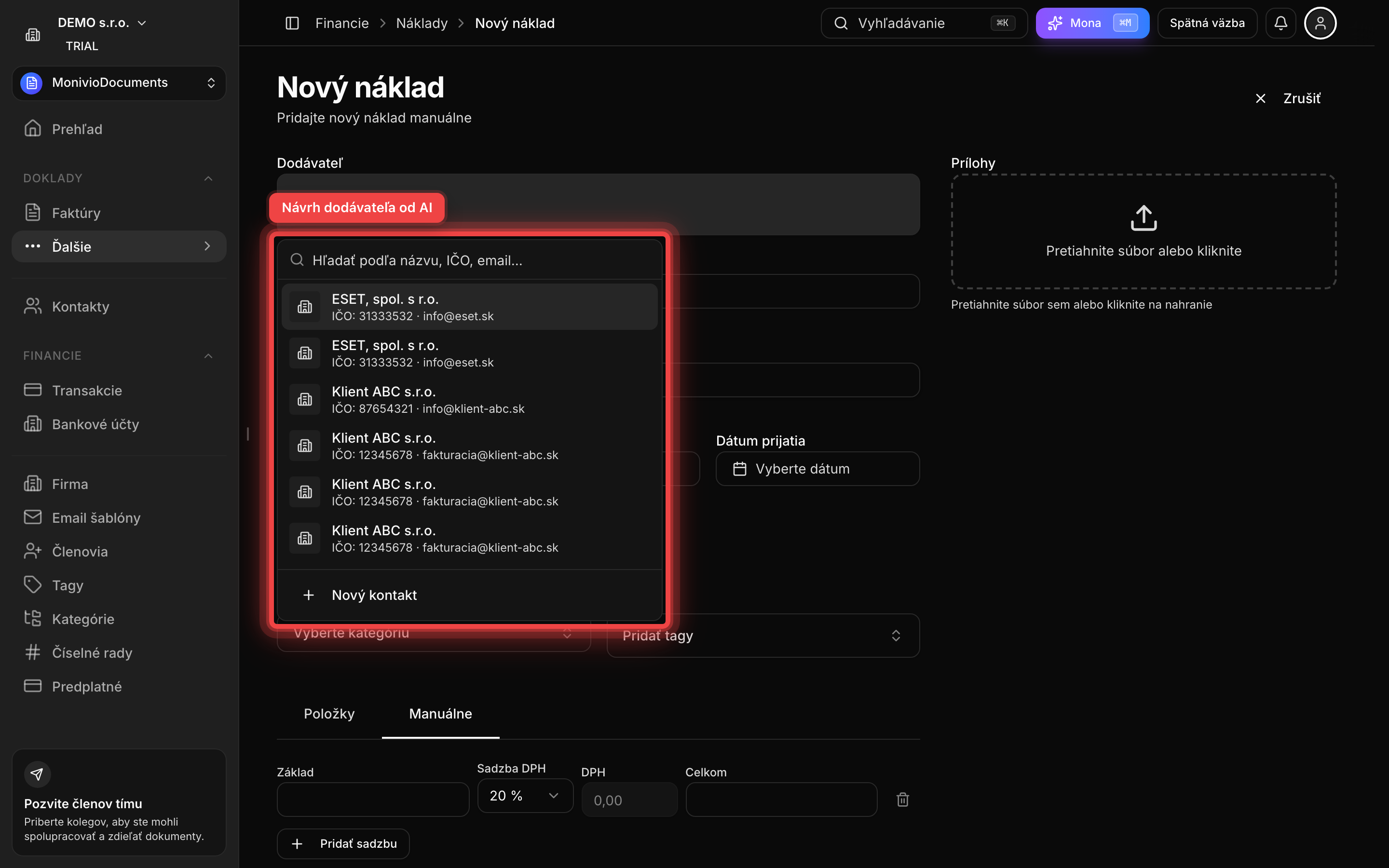 Otvorený výber dodávateľa nad formulárom nákladu