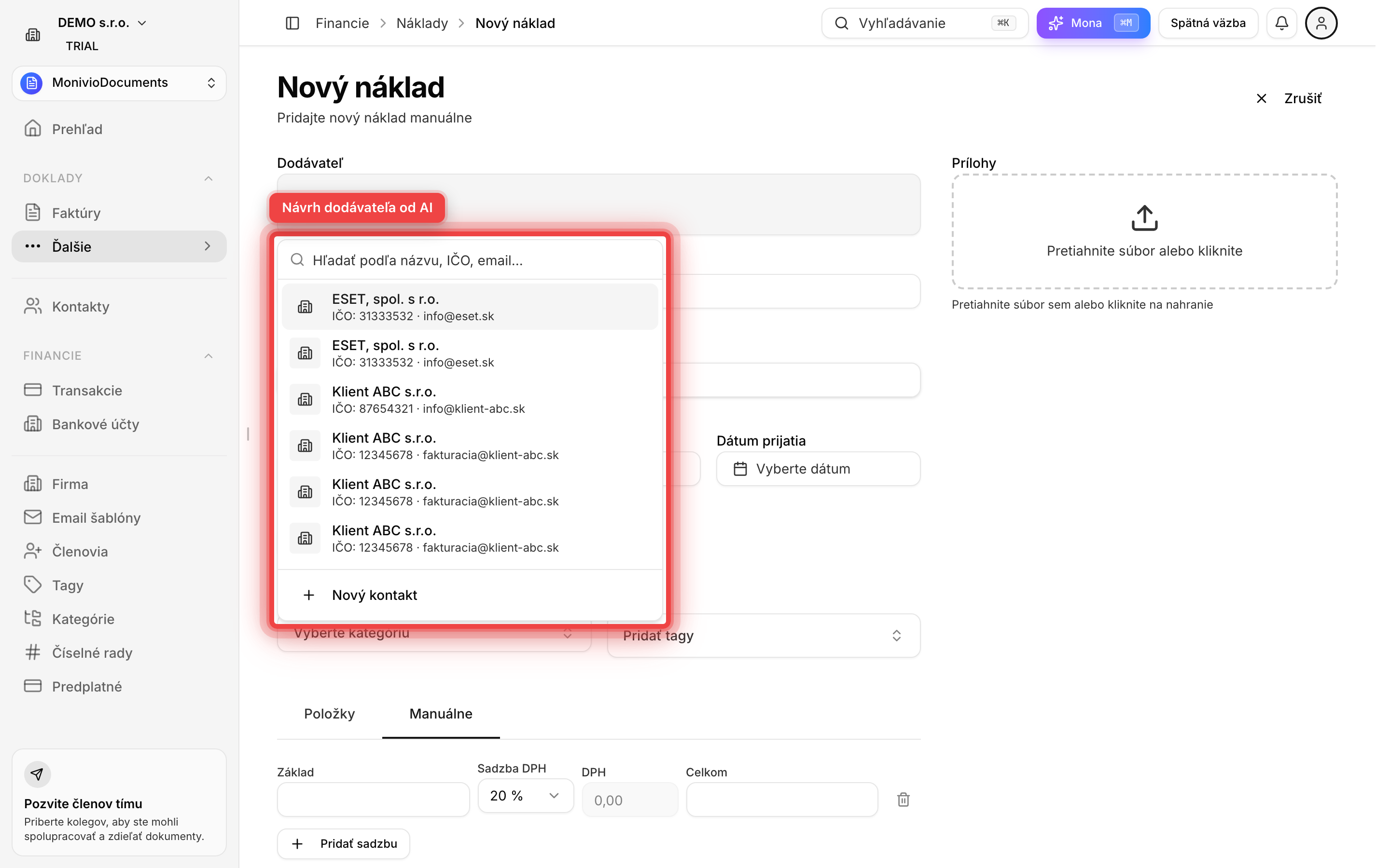Otvorený výber dodávateľa nad formulárom nákladu