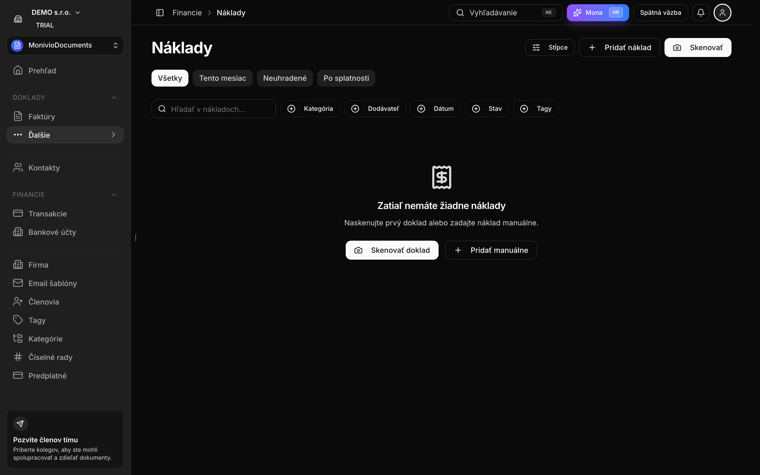 Zoznam nákladov s tlačidlom Nový náklad