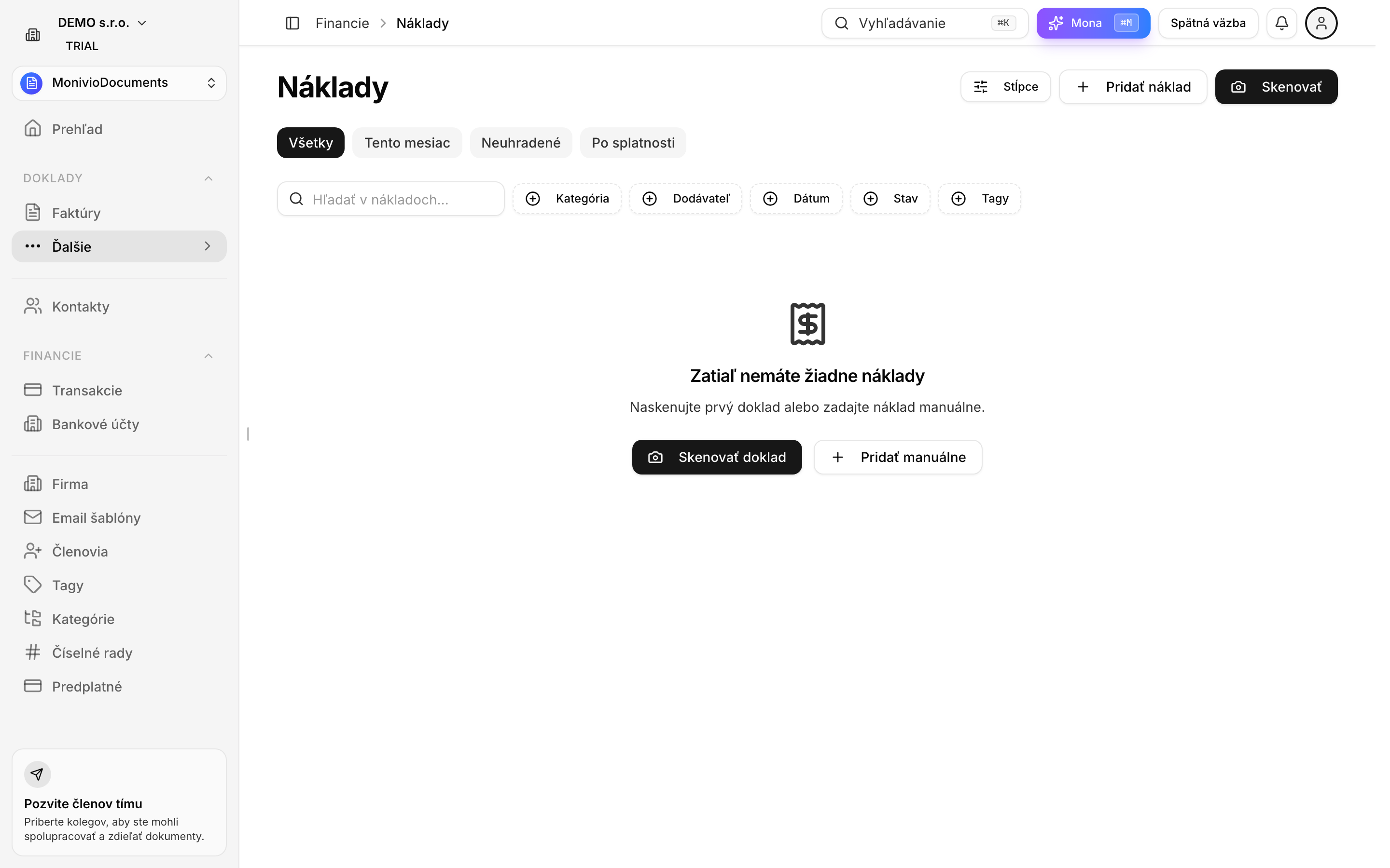 Zoznam nákladov s tlačidlom Nový náklad