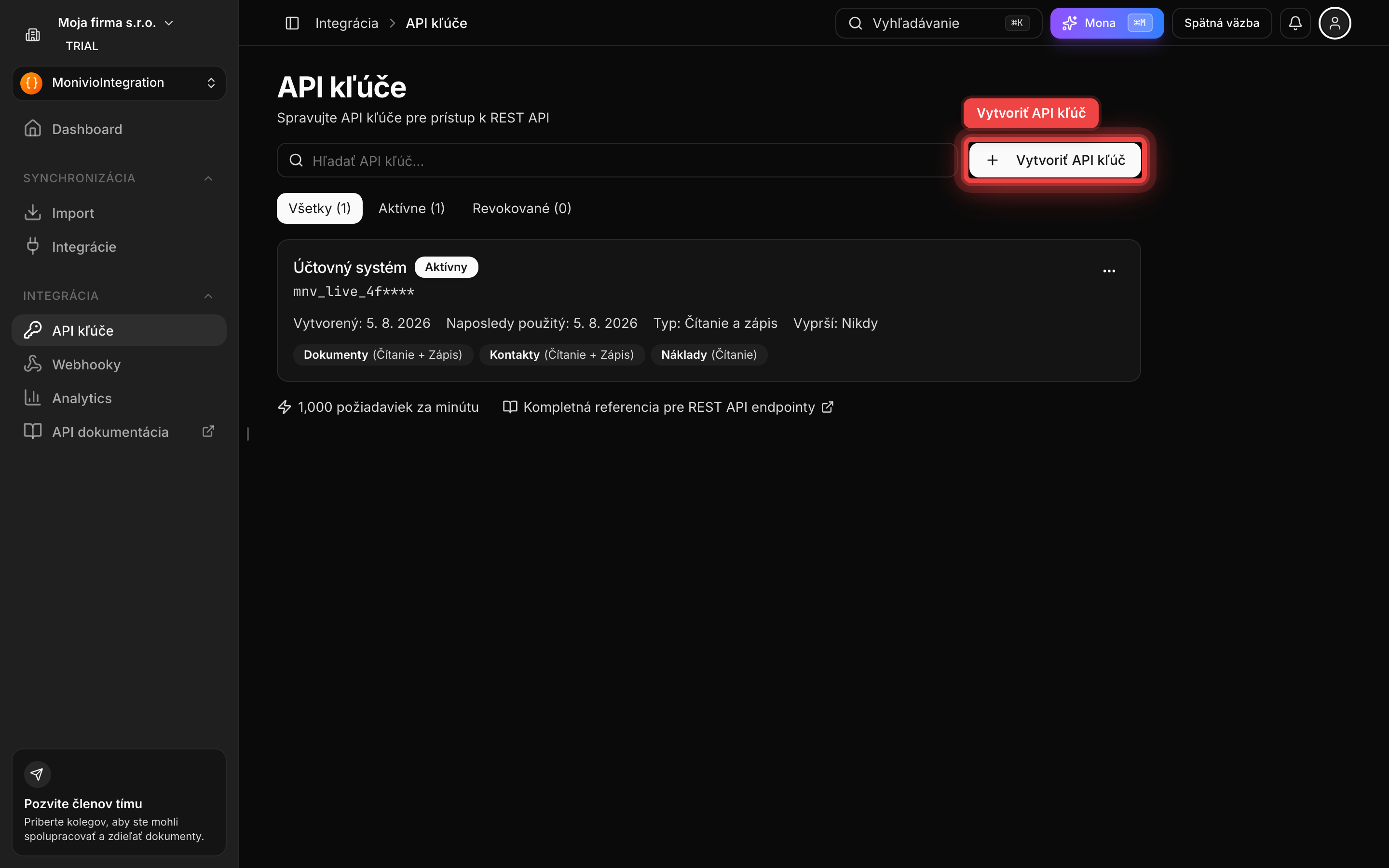 Zoznam API kľúčov s tlačidlom na vytvorenie nového