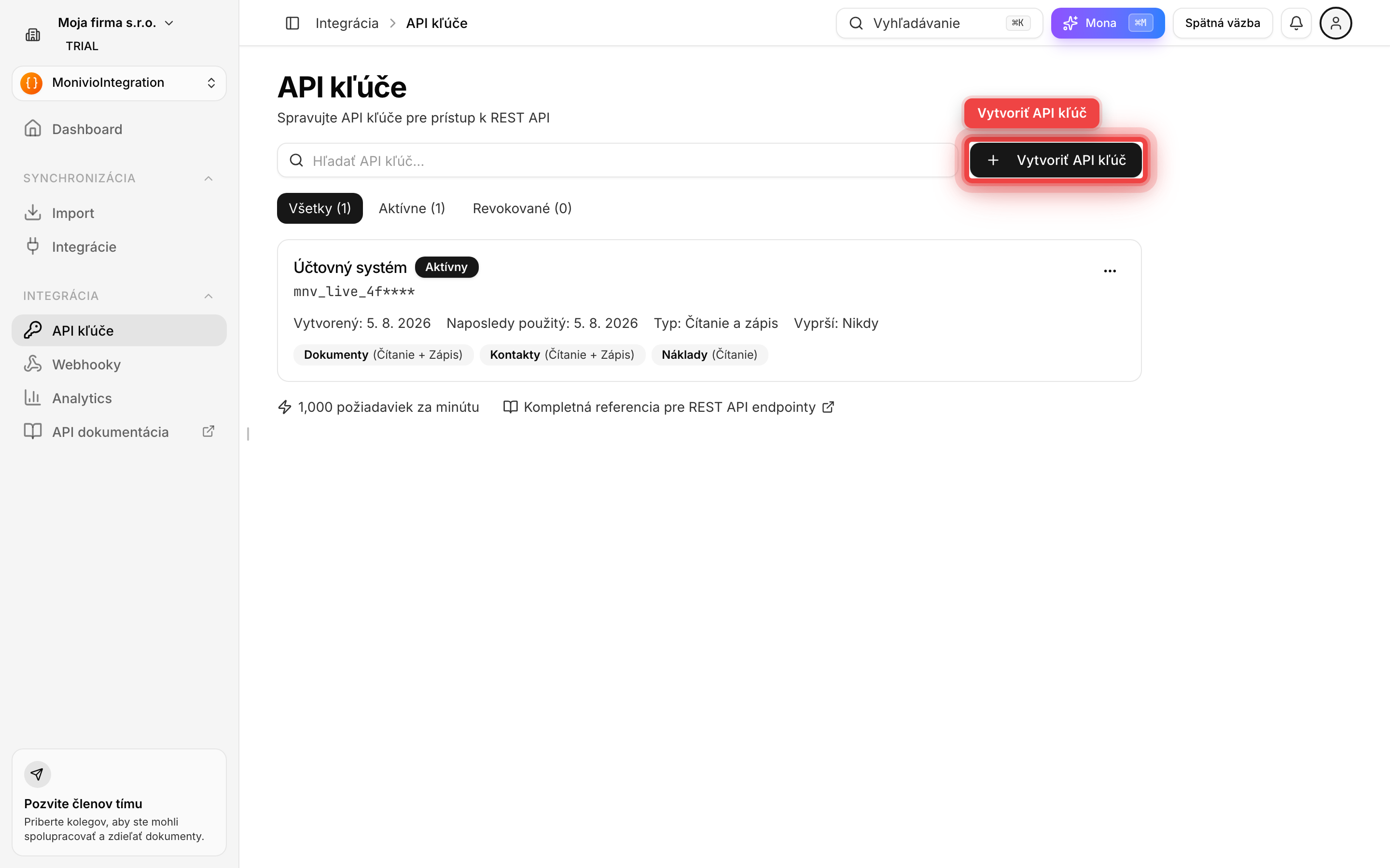 Zoznam API kľúčov s tlačidlom na vytvorenie nového