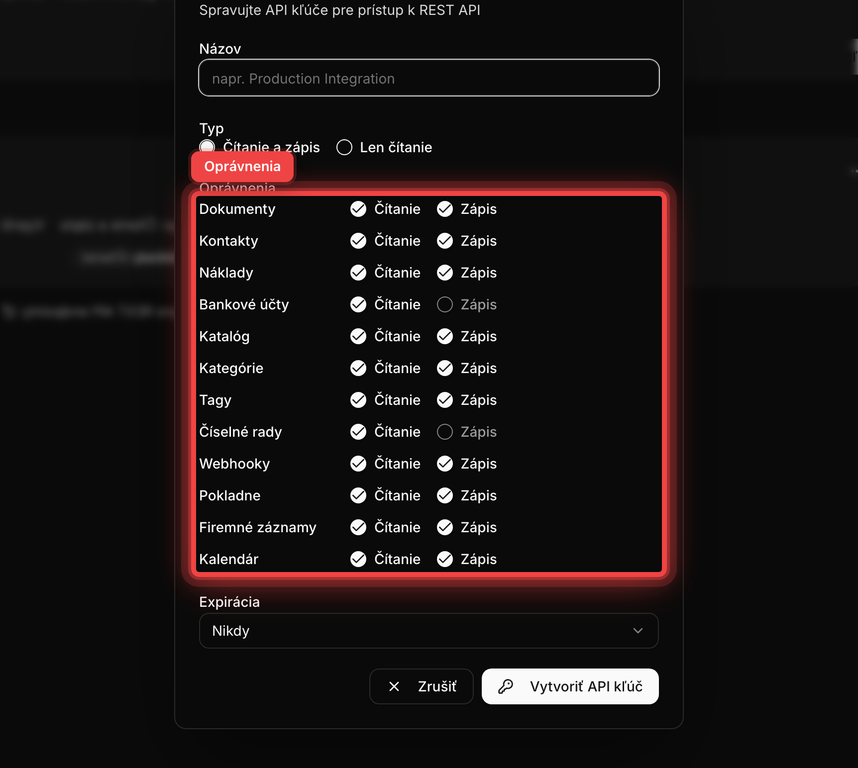Dialóg vytvorenia API kľúča s výberom oprávnení