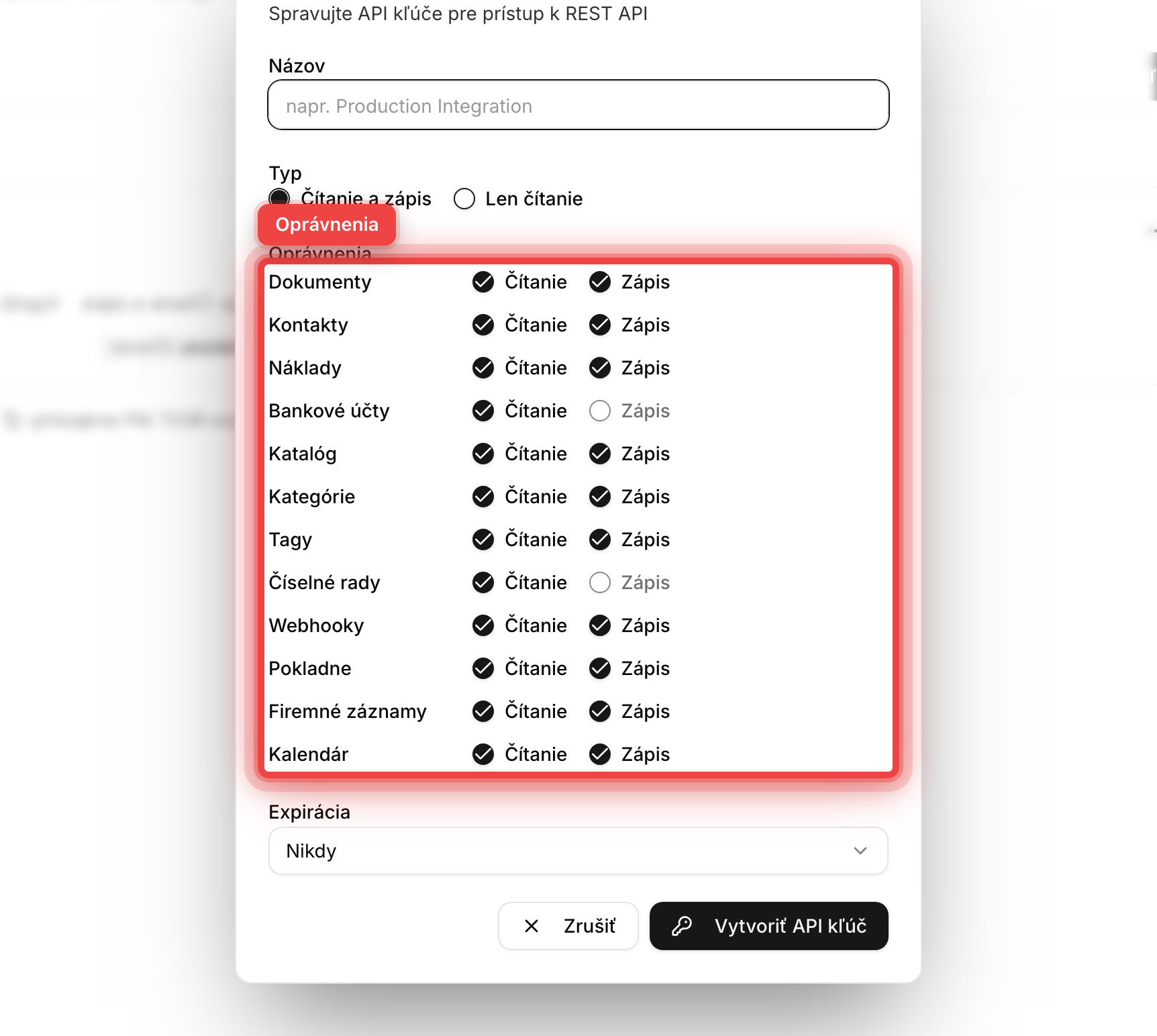 Dialóg vytvorenia API kľúča s výberom oprávnení
