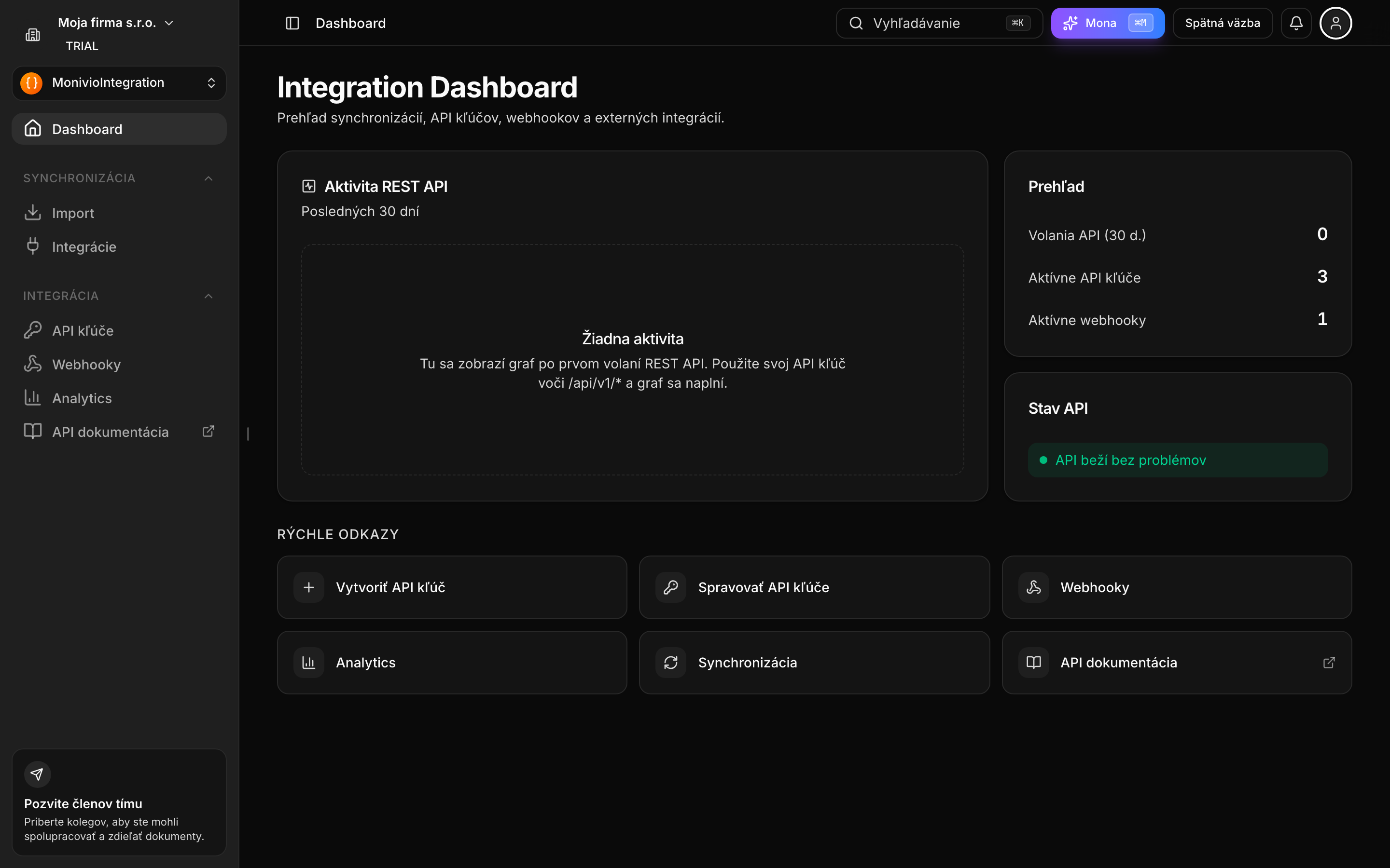Integration dashboard s grafom volaní API