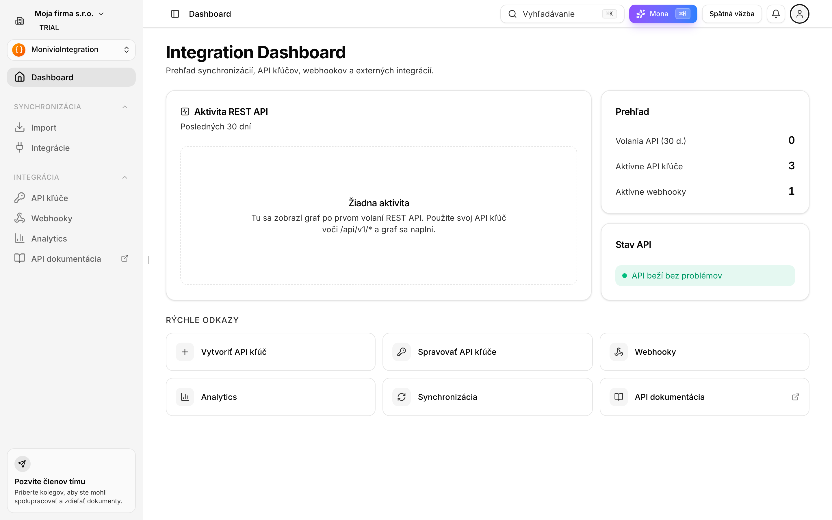 Integration dashboard s grafom volaní API