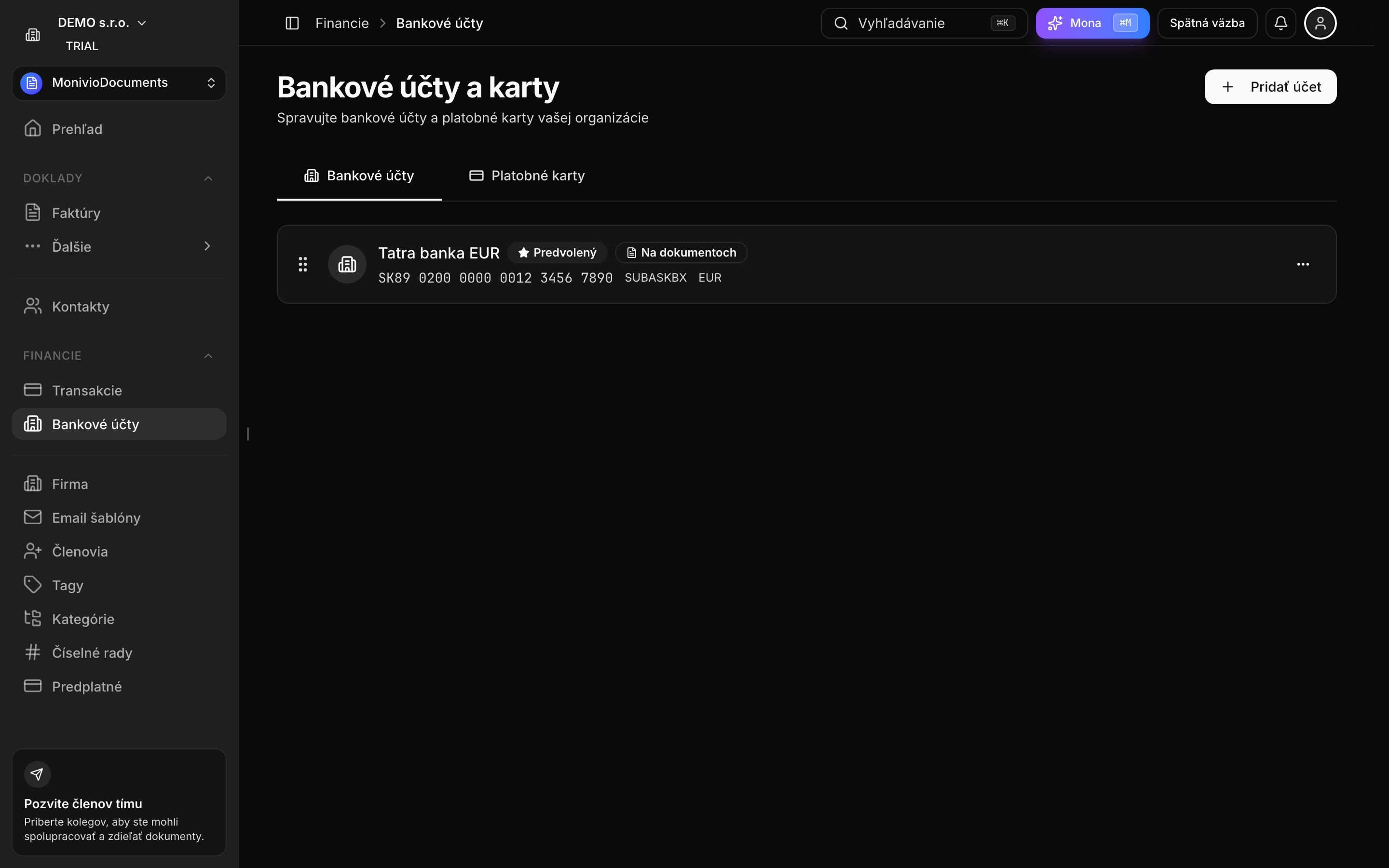 Sekcia Bankové účty v menu Financie