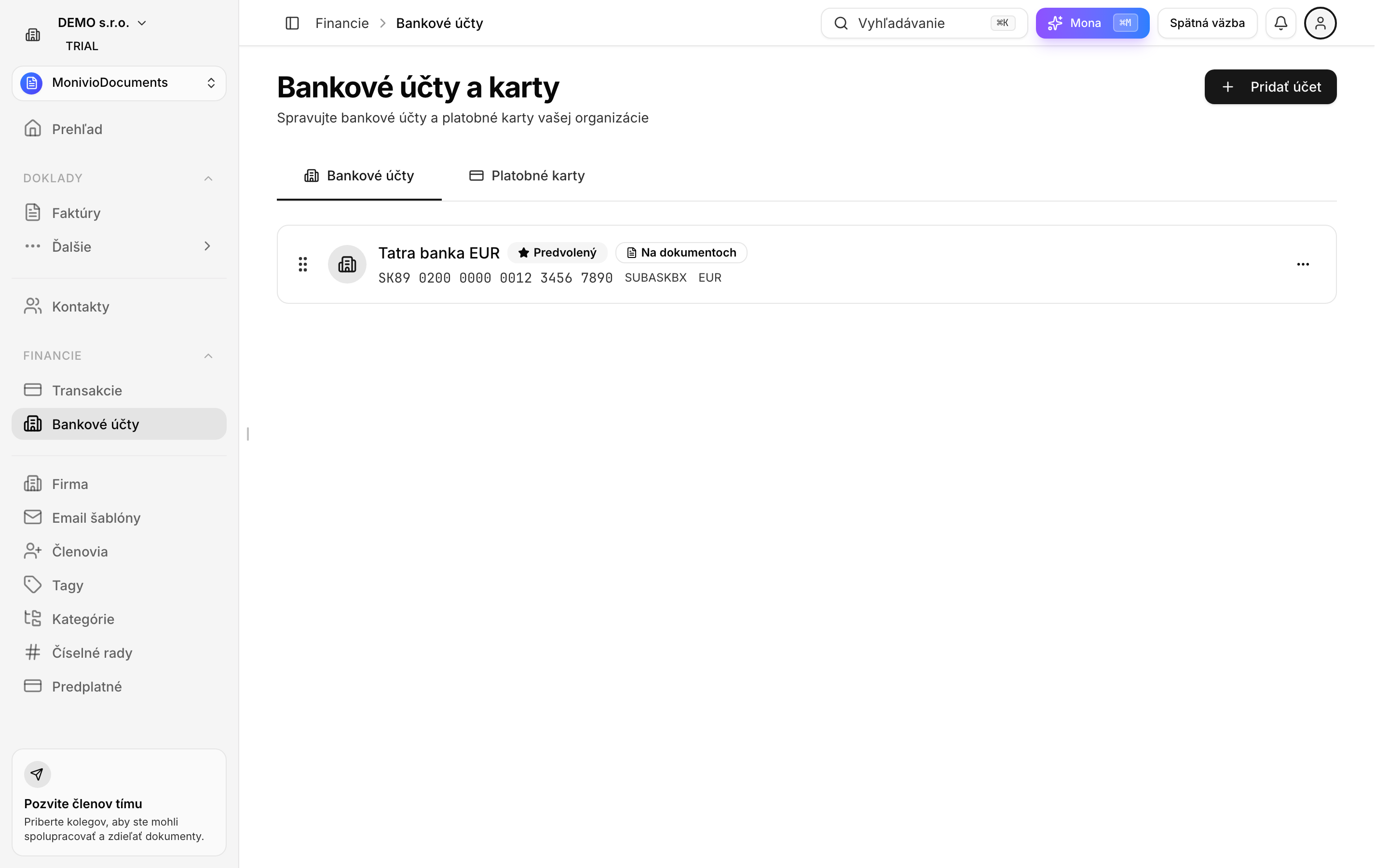 Sekcia Bankové účty v menu Financie