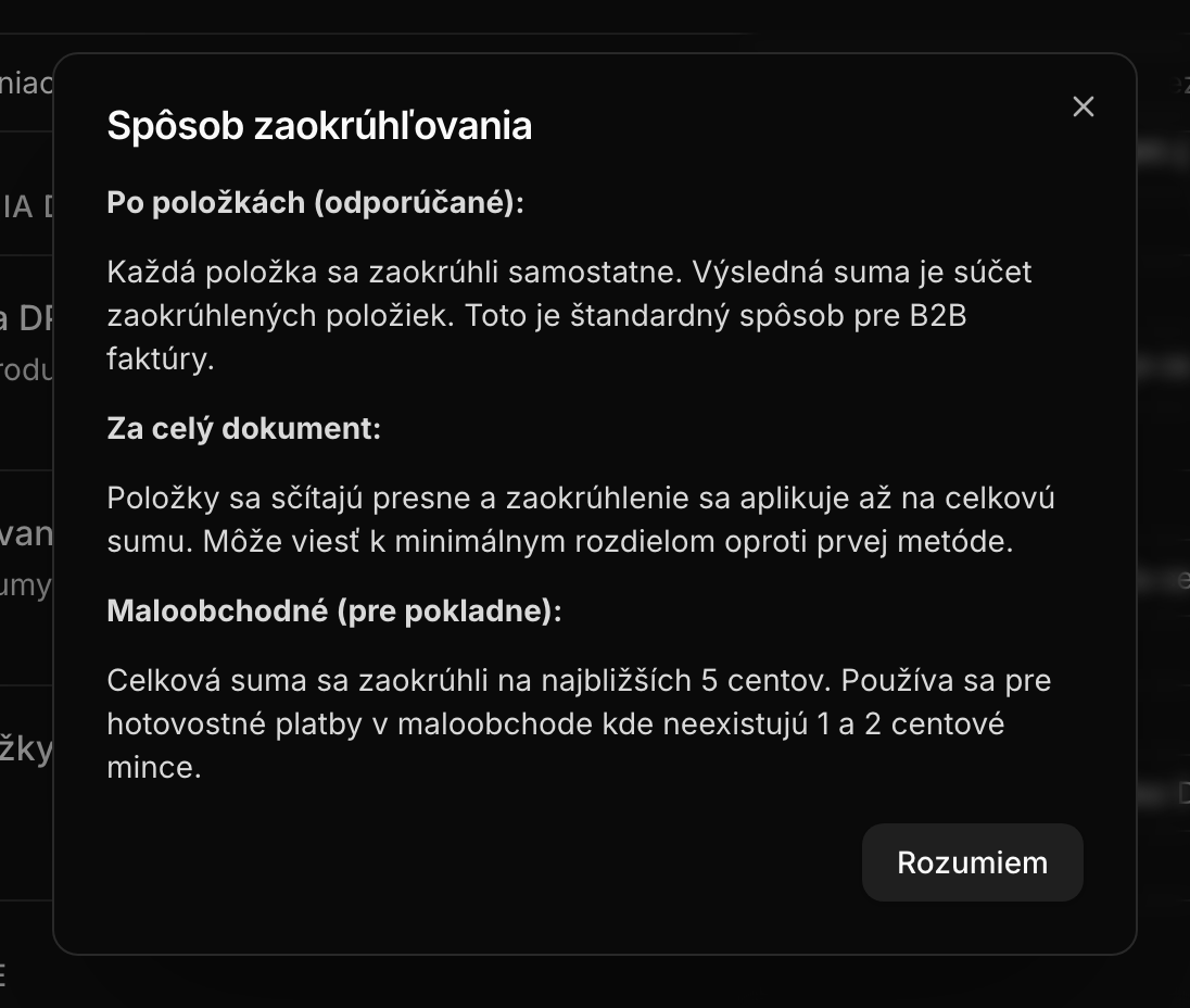 Okno s vysvetlením spôsobu zaokrúhľovania