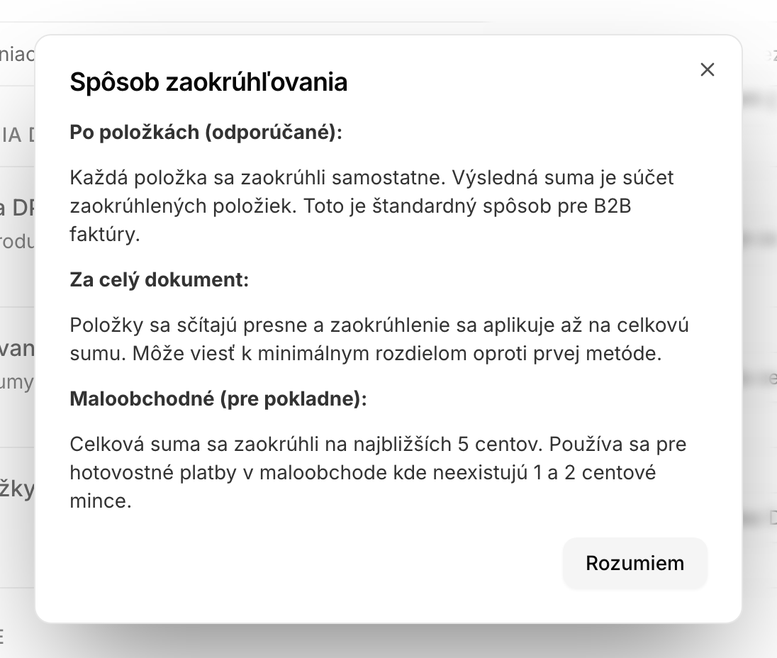 Okno s vysvetlením spôsobu zaokrúhľovania