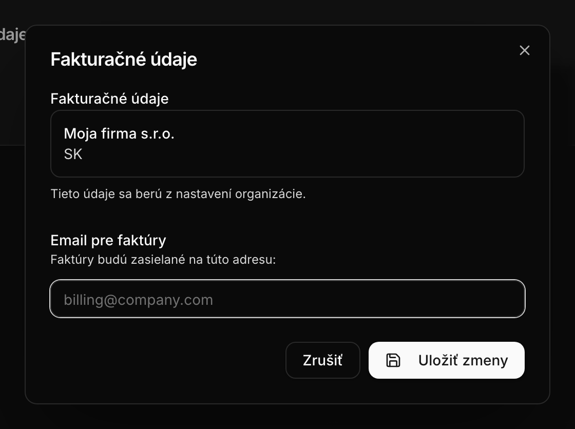 Okno na zmenu e-mailu pre faktúry