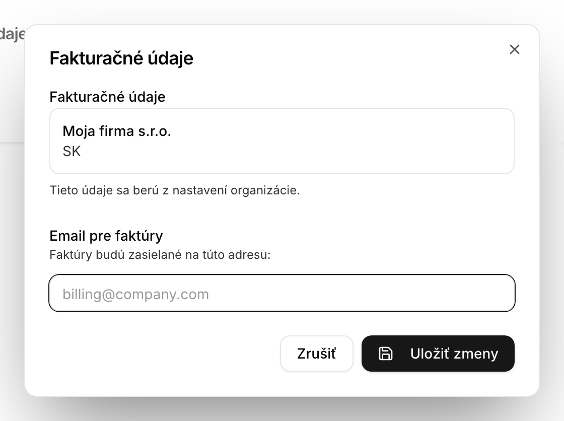Okno na zmenu e-mailu pre faktúry