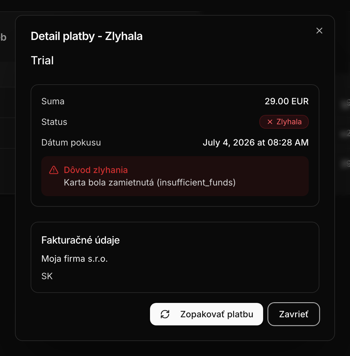 Detail zlyhanej platby s dôvodom a tlačidlom Zopakovať platbu
