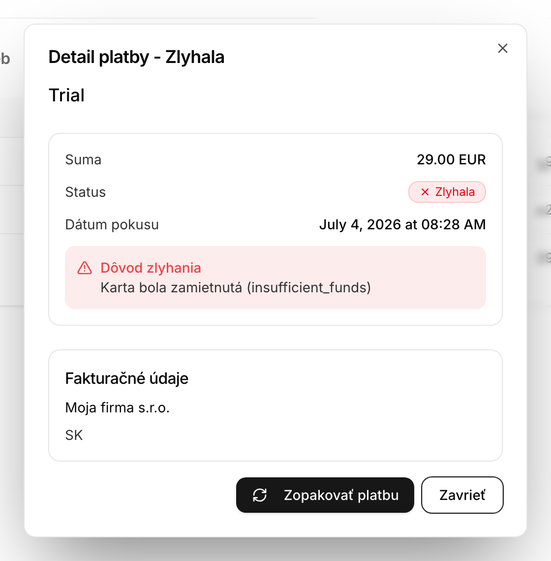 Detail zlyhanej platby s dôvodom a tlačidlom Zopakovať platbu