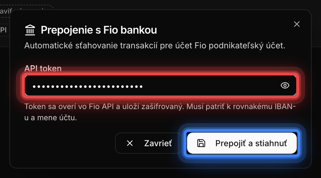 Dialóg prepojenia s Fio bankou a poľom pre API token