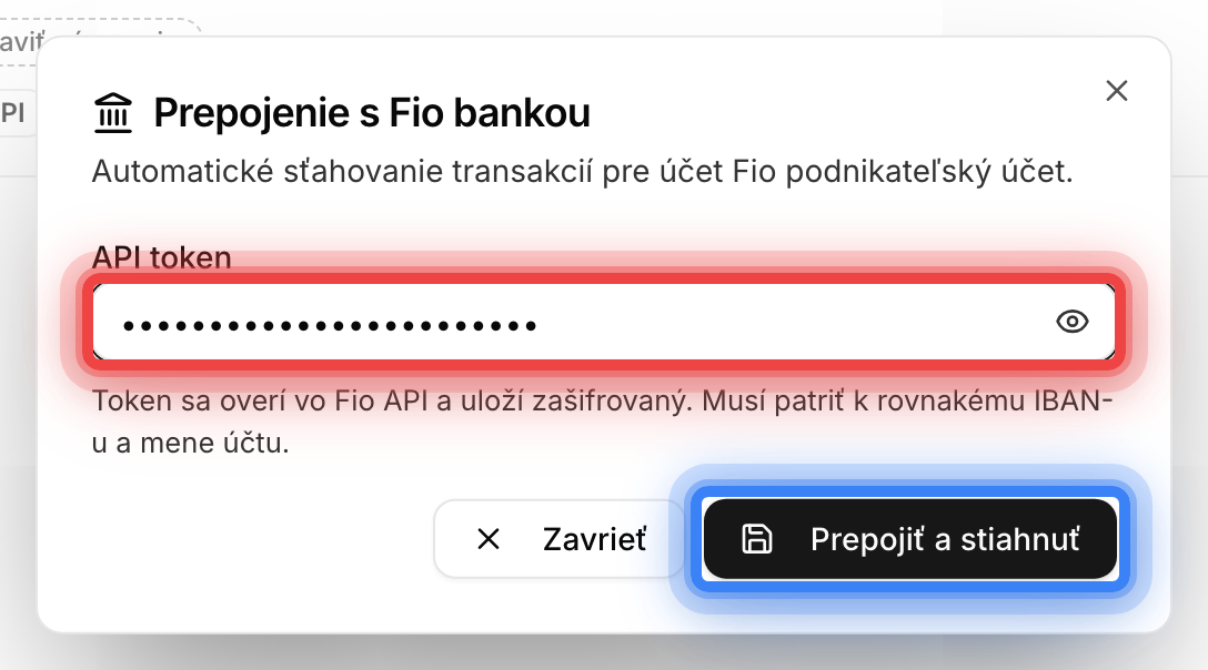 Dialóg prepojenia s Fio bankou a poľom pre API token