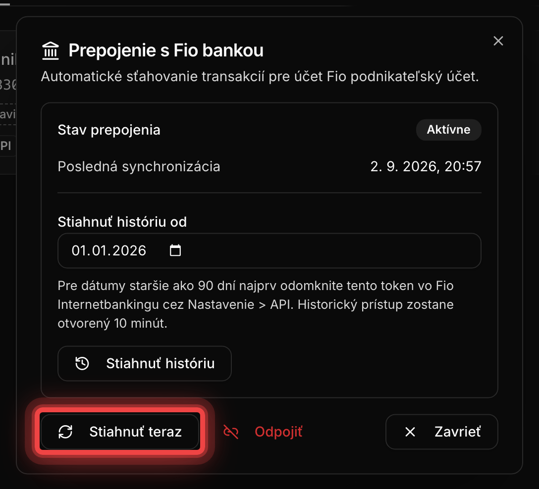 Dialóg prepojenia v stave Aktívne s časom poslednej synchronizácie
