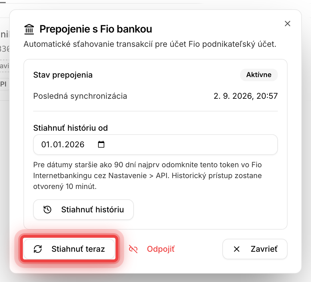 Dialóg prepojenia v stave Aktívne s časom poslednej synchronizácie