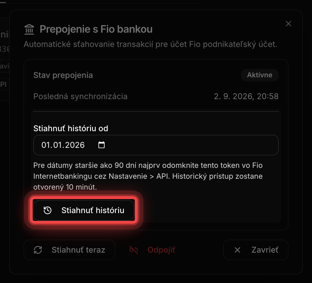 Pole Stiahnuť históriu od s dátumom a tlačidlom Stiahnuť históriu