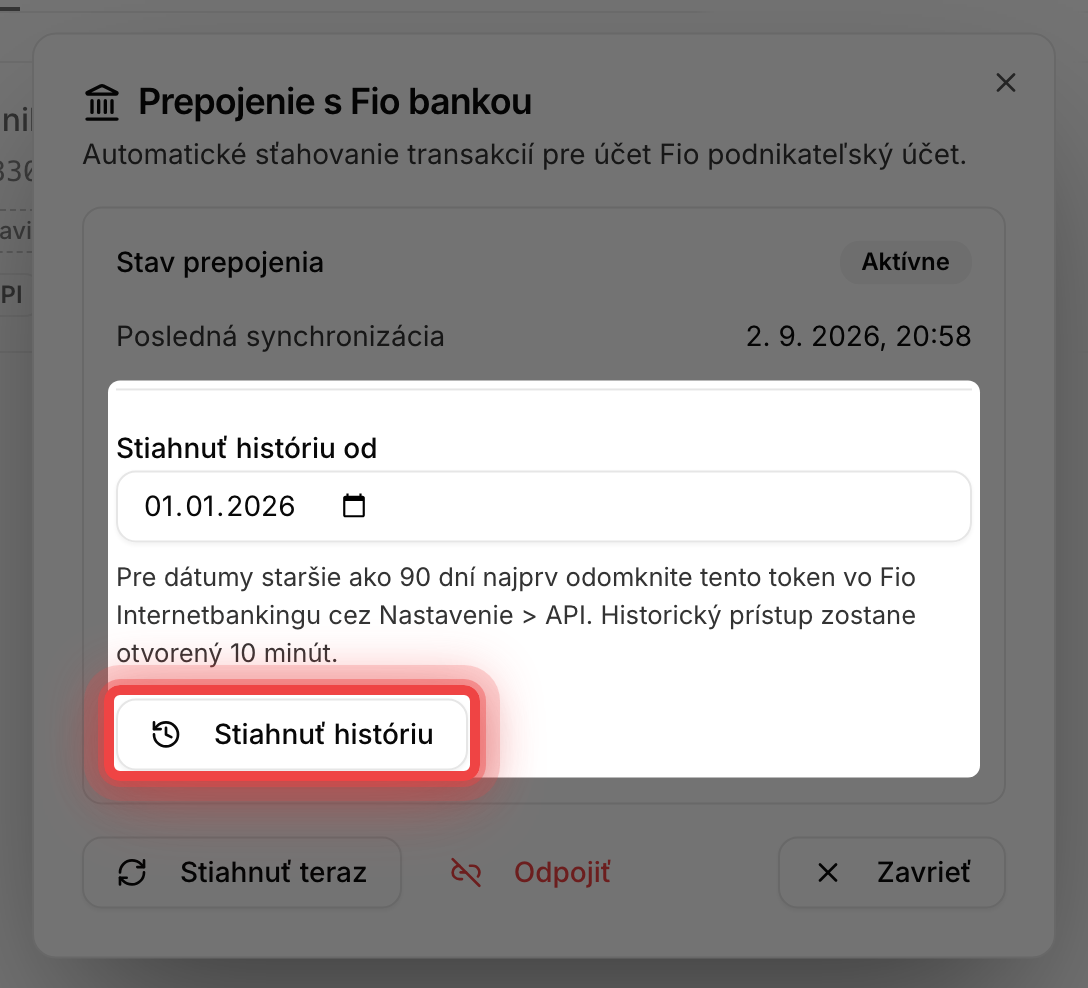 Pole Stiahnuť históriu od s dátumom a tlačidlom Stiahnuť históriu