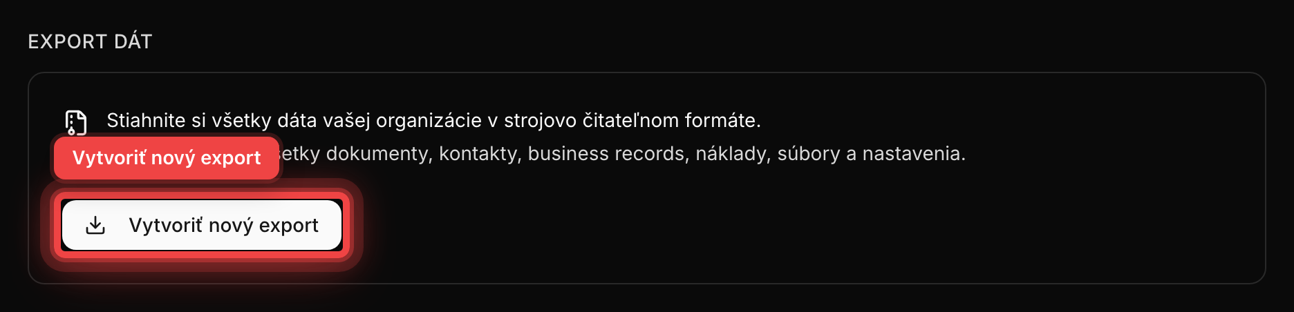 Stránka GDPR v nastaveniach s exportom dát