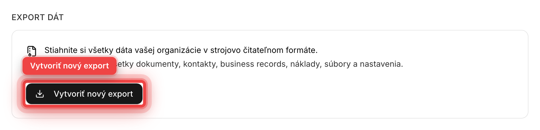 Stránka GDPR v nastaveniach s exportom dát
