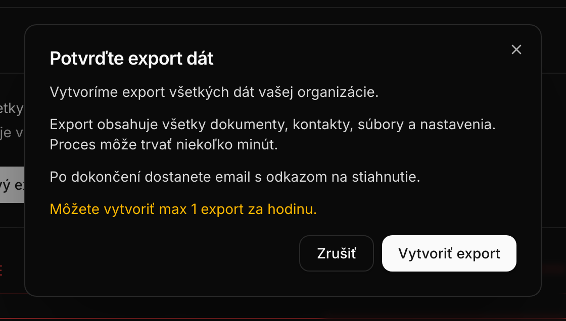 Potvrdenie vytvorenia exportu dát