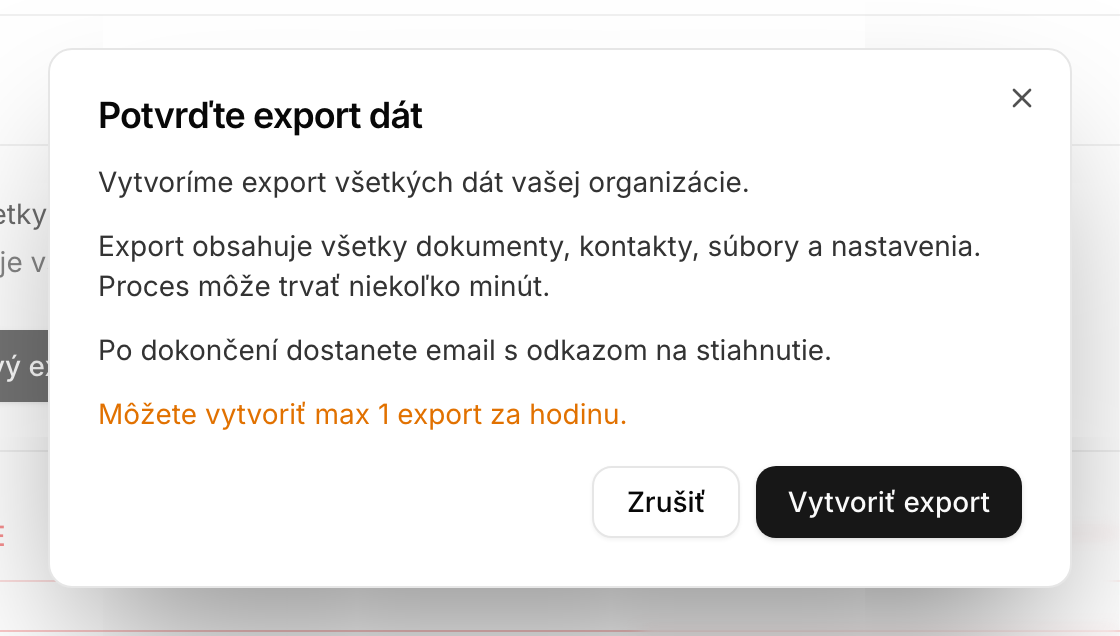 Potvrdenie vytvorenia exportu dát