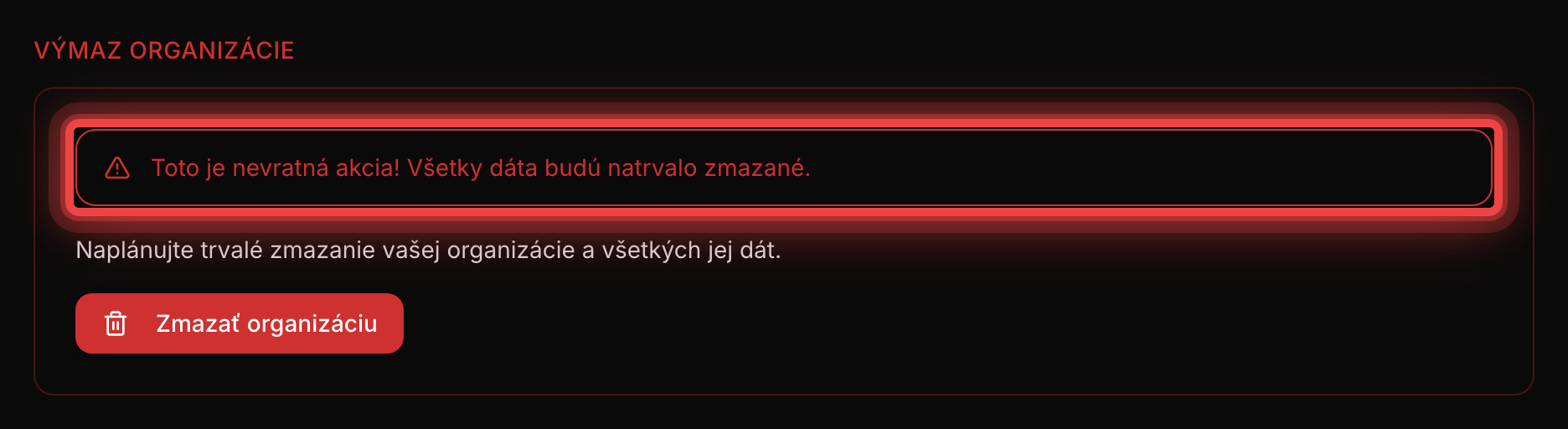 Sekcia Výmaz organizácie s varovaním