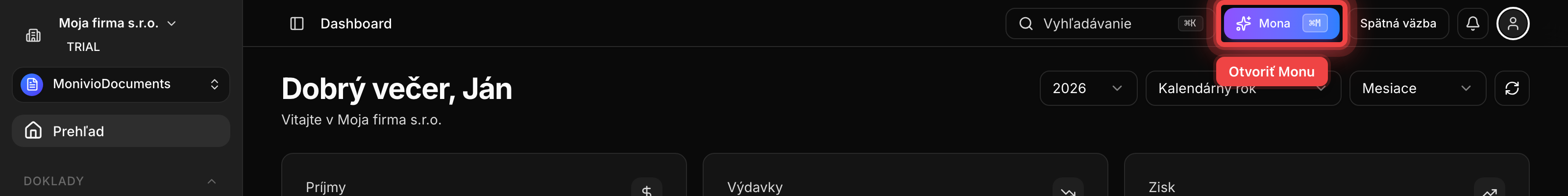 Tlačidlo Mona v hornej lište aplikácie