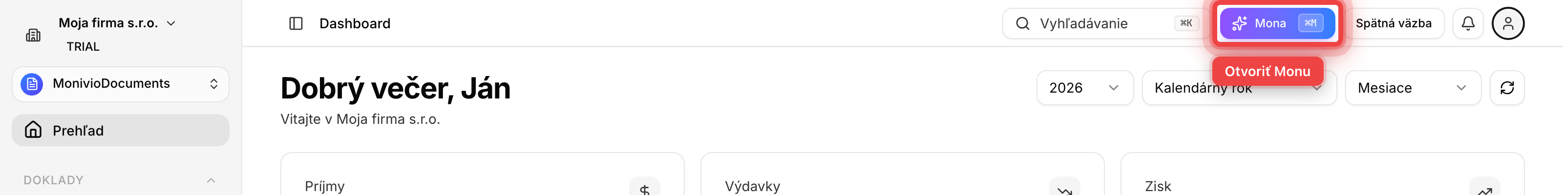 Tlačidlo Mona v hornej lište aplikácie