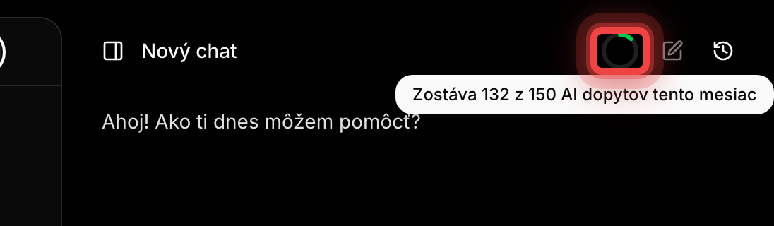 Indikátor spotreby AI dopytov v hlavičke chatu