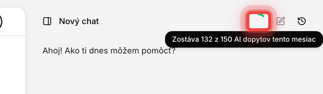 Indikátor spotreby AI dopytov v hlavičke chatu