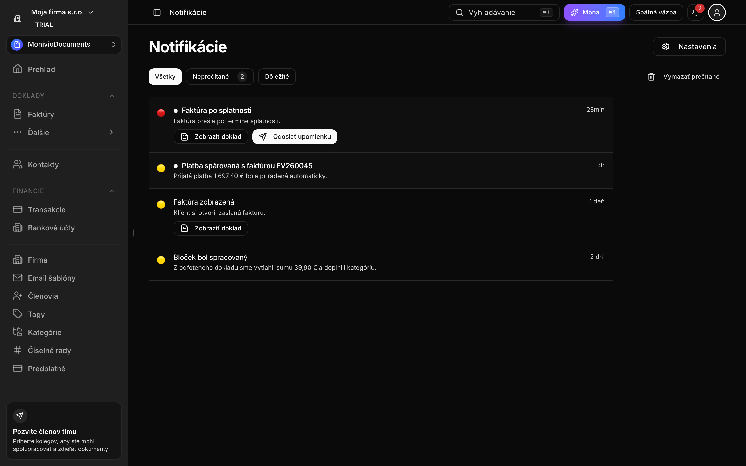 Stránka so všetkými notifikáciami a filtrami