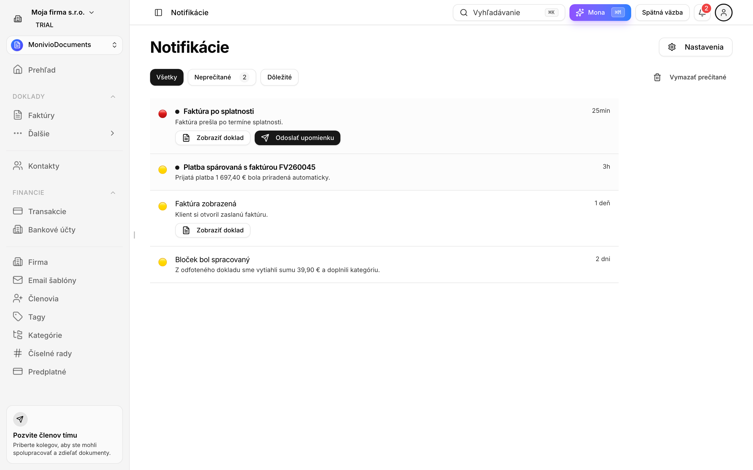Stránka so všetkými notifikáciami a filtrami