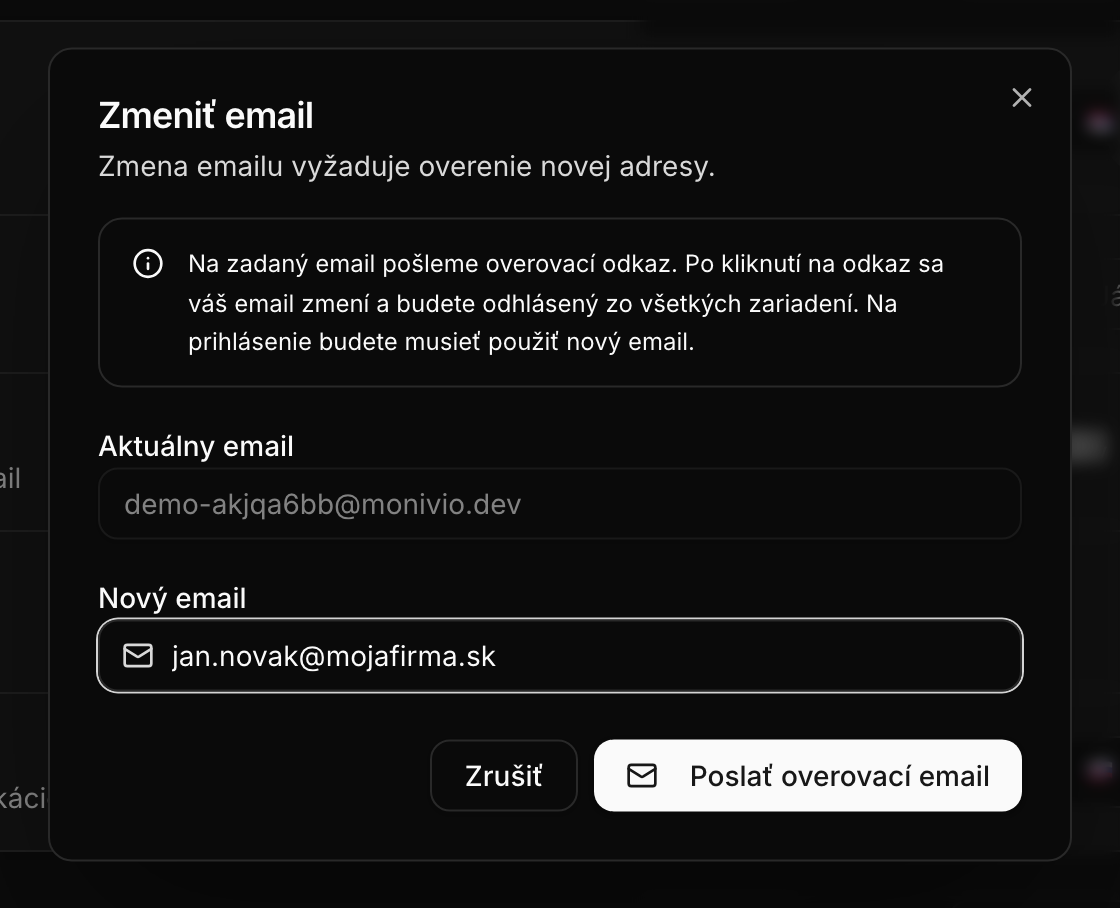 Dialóg na zmenu prihlasovacieho e-mailu