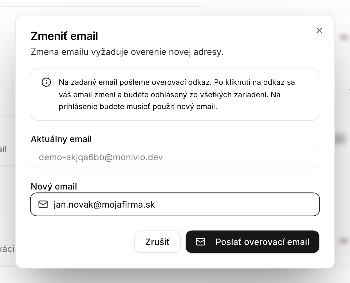 Dialóg na zmenu prihlasovacieho e-mailu