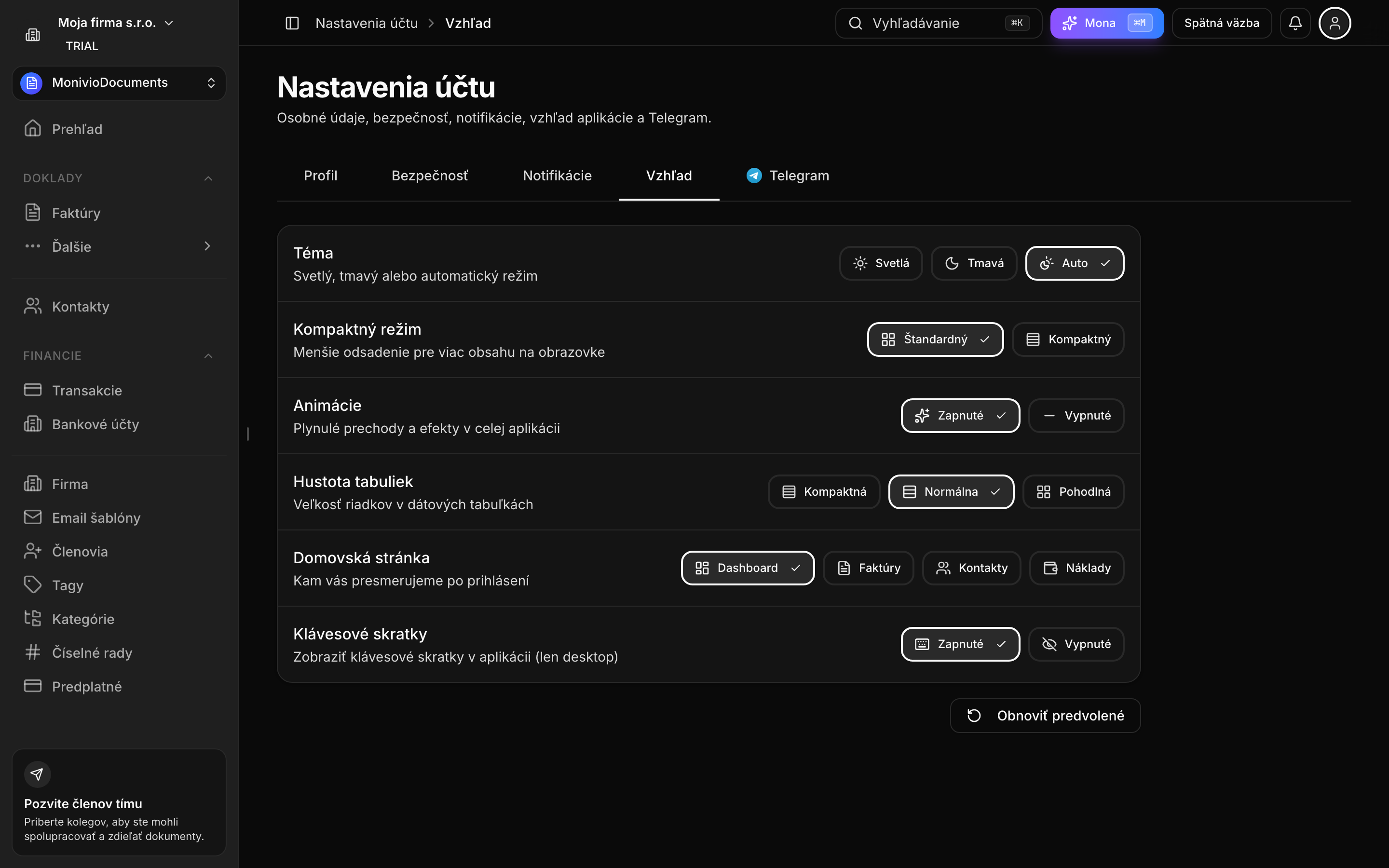 Nastavenia vzhľadu — téma, kompaktný režim, animácie