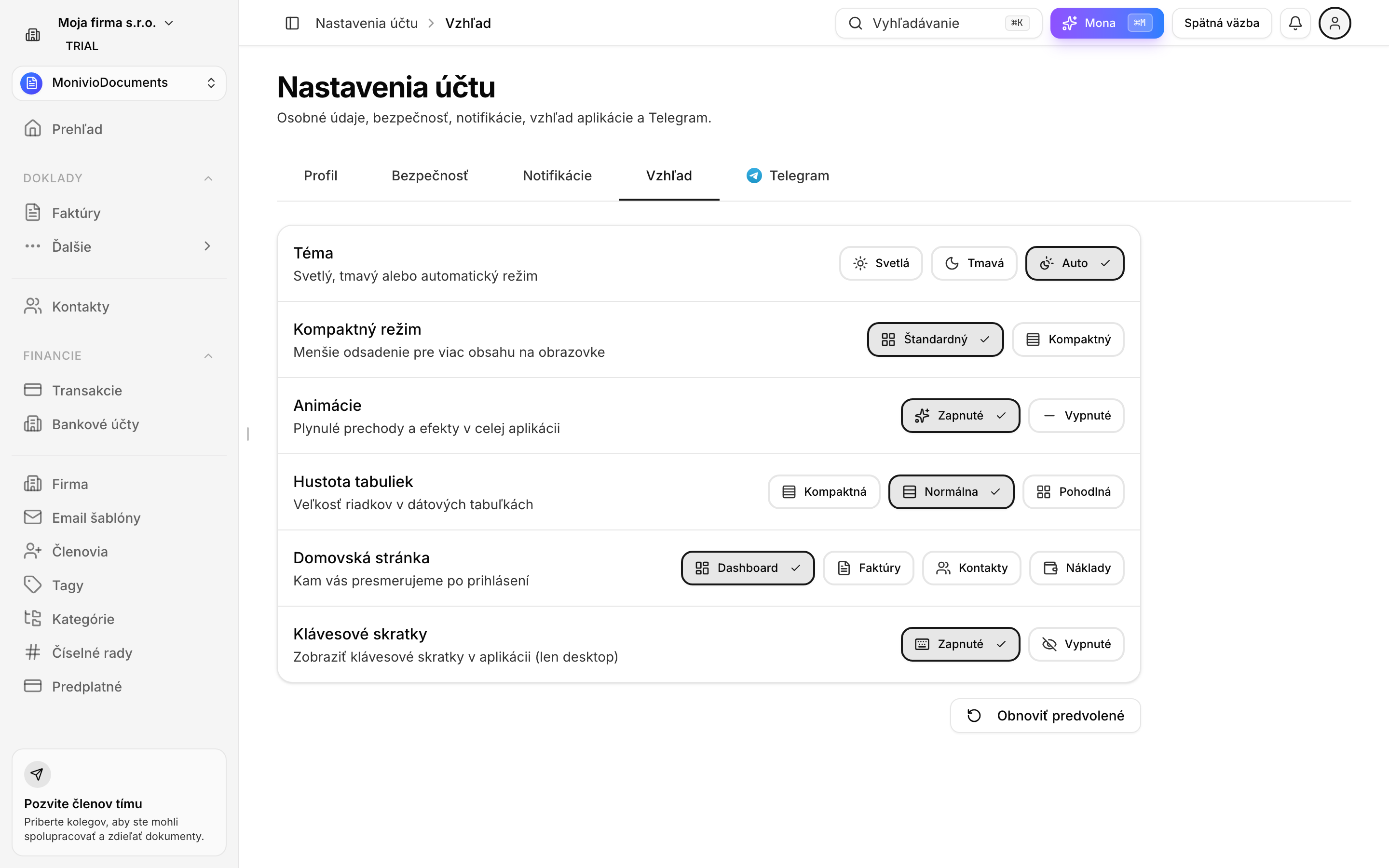 Nastavenia vzhľadu — téma, kompaktný režim, animácie