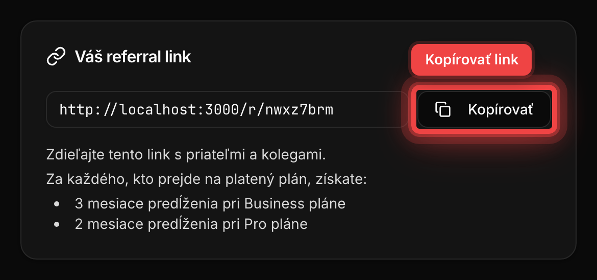 Karta s referral linkom a tlačidlom Kopírovať