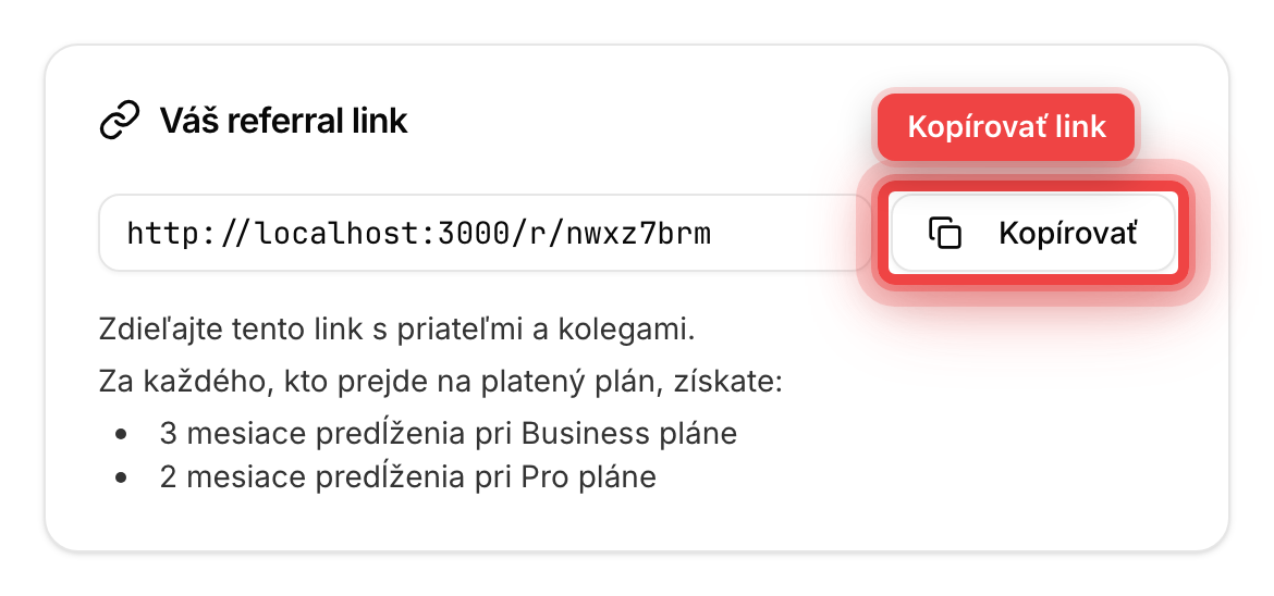 Karta s referral linkom a tlačidlom Kopírovať